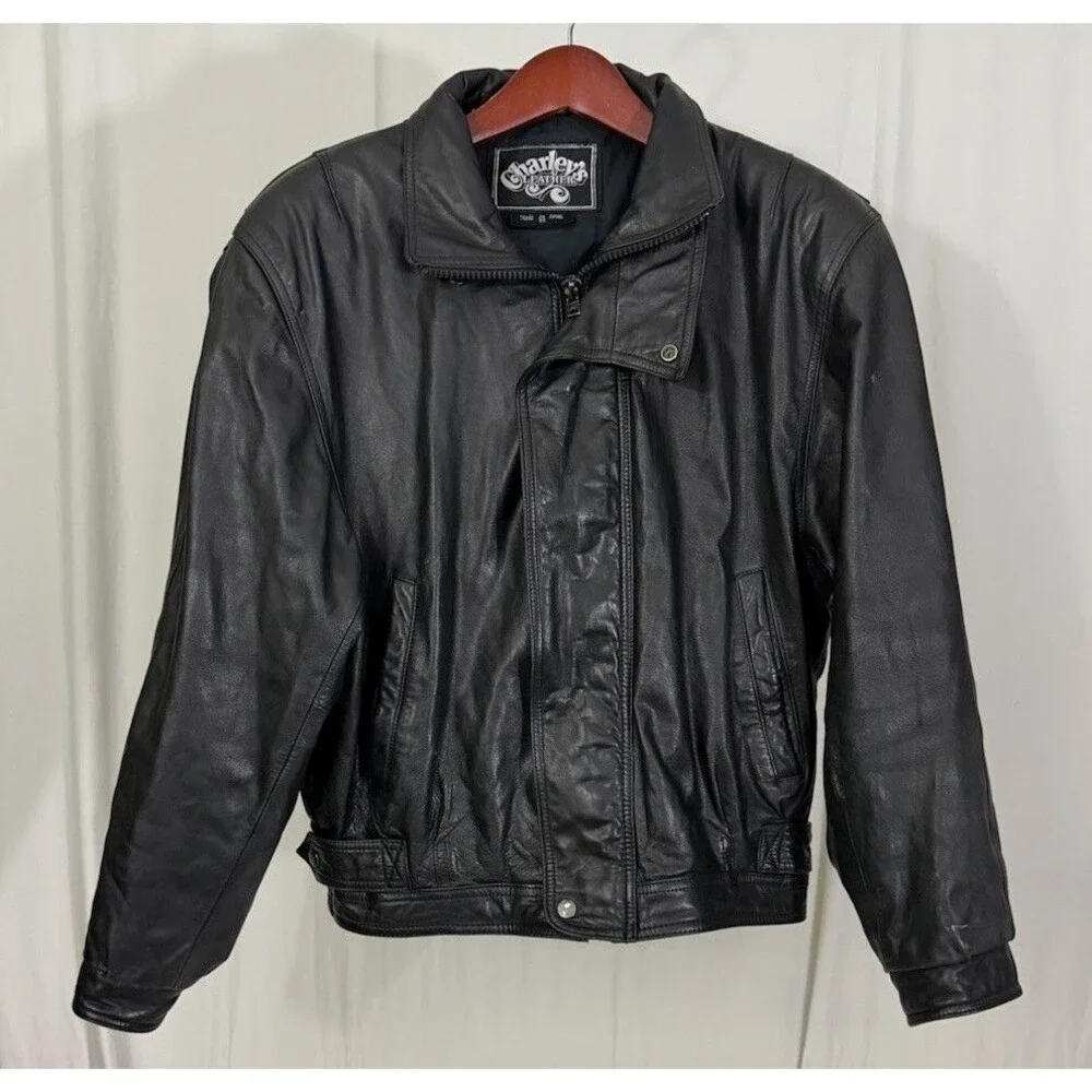 Vintage Charley's Leather Bomber Jacket Mens Sz 42 Black Full Zip Moto Movie